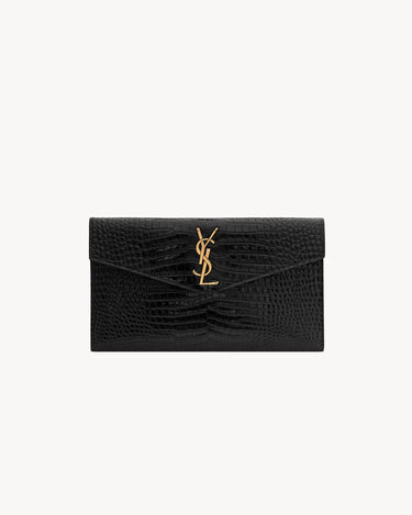 YSL Pochette Uptown Shiny Embossed Crocodile Leather Black Gold
